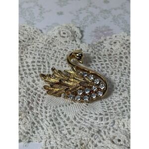 Vintage Gold Tone Swan Brooch Rhinestone Pave Crystal Feather Bird Figural Pin
